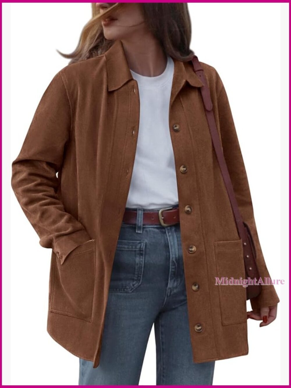Faux Suede Jacket Women Long Sleeve Button Down Relaxed Fit Lightweight - Picture 1 of 7